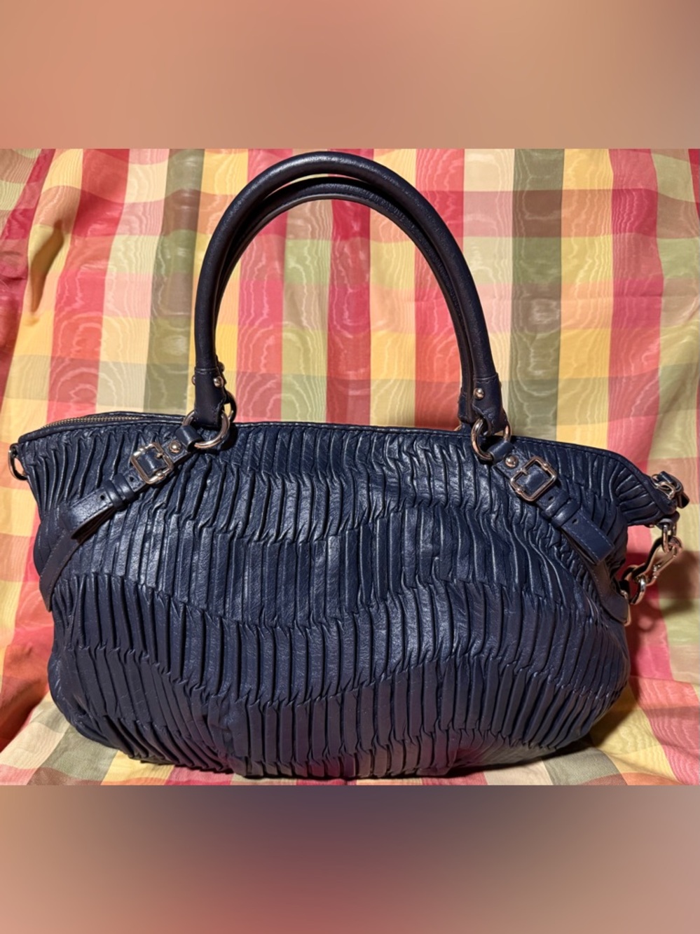 Coach D1182-15947 Navy Pleated Leather Satchel with Polished Hardware - Picture 2 of 7